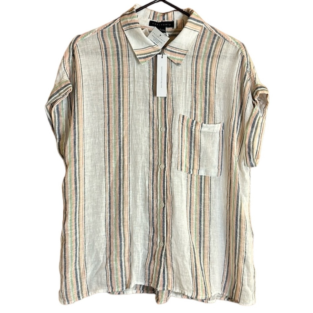 Sanctuary Linen Blend Striped Button Down Blouse with Sparkly Threads New w Tags